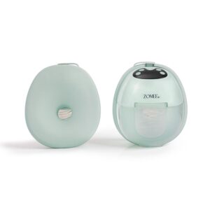 Front and rear view of a Zomee W1 warming wearable breast pump.