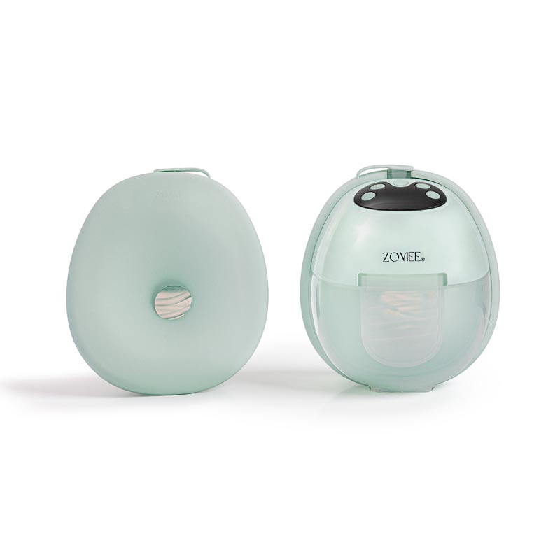 Front and rear view of a Zomee W1 warming wearable breast pump.